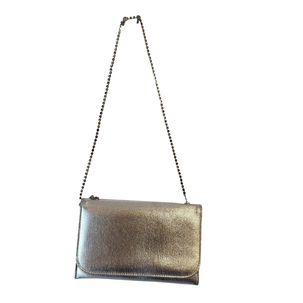 Vintage Silver Metallic Clutch Purse Rhinestone Chain Strap Evening Prom Wedding